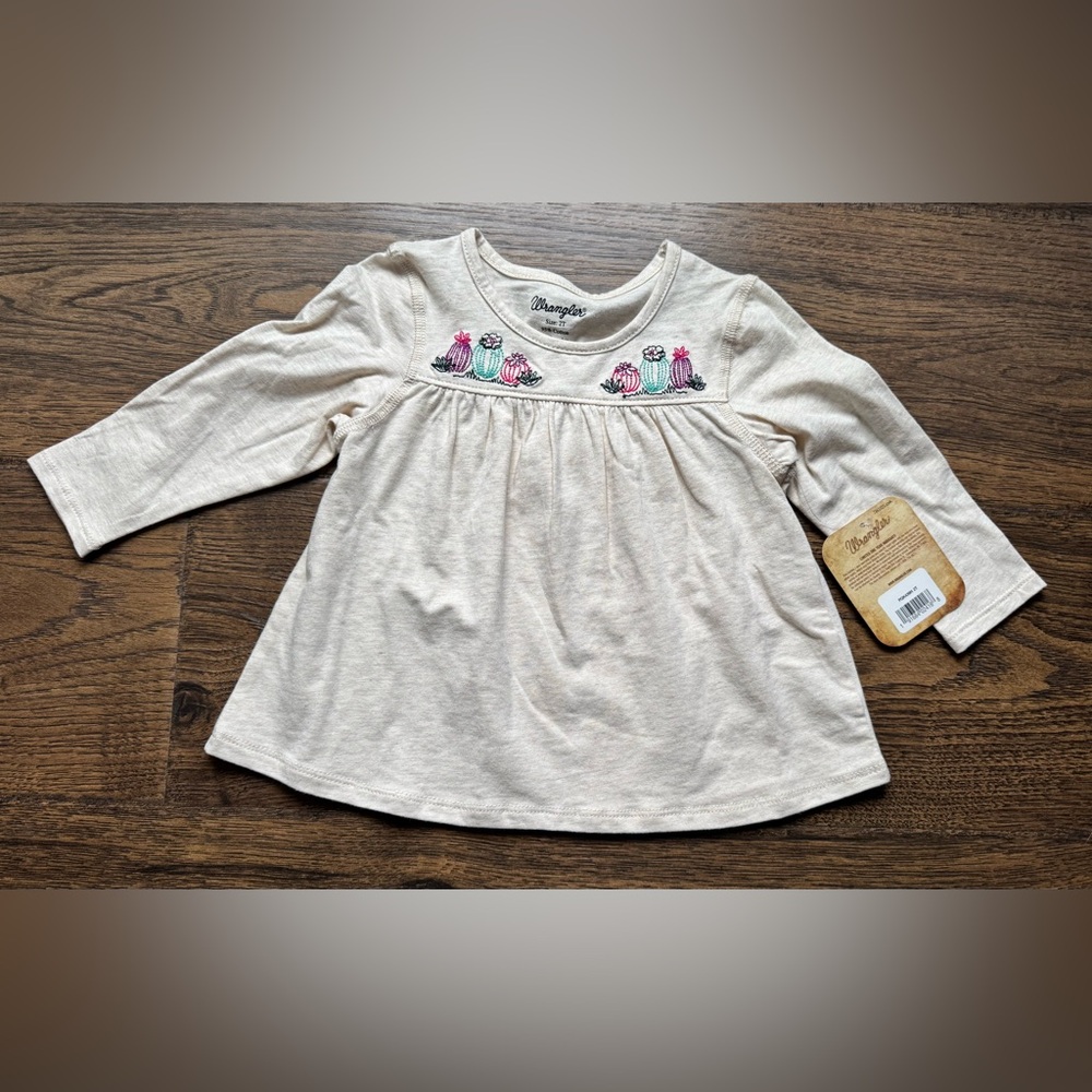 Girls' Cream Long Sleeve Top with Embroidered Flowers